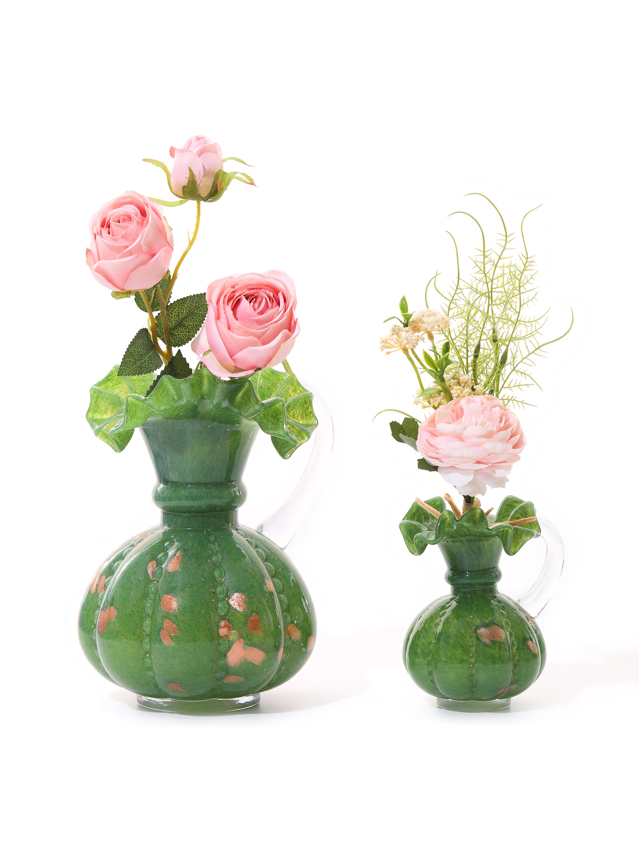 Emerald Gleam Ruffled Vases, Set of 2